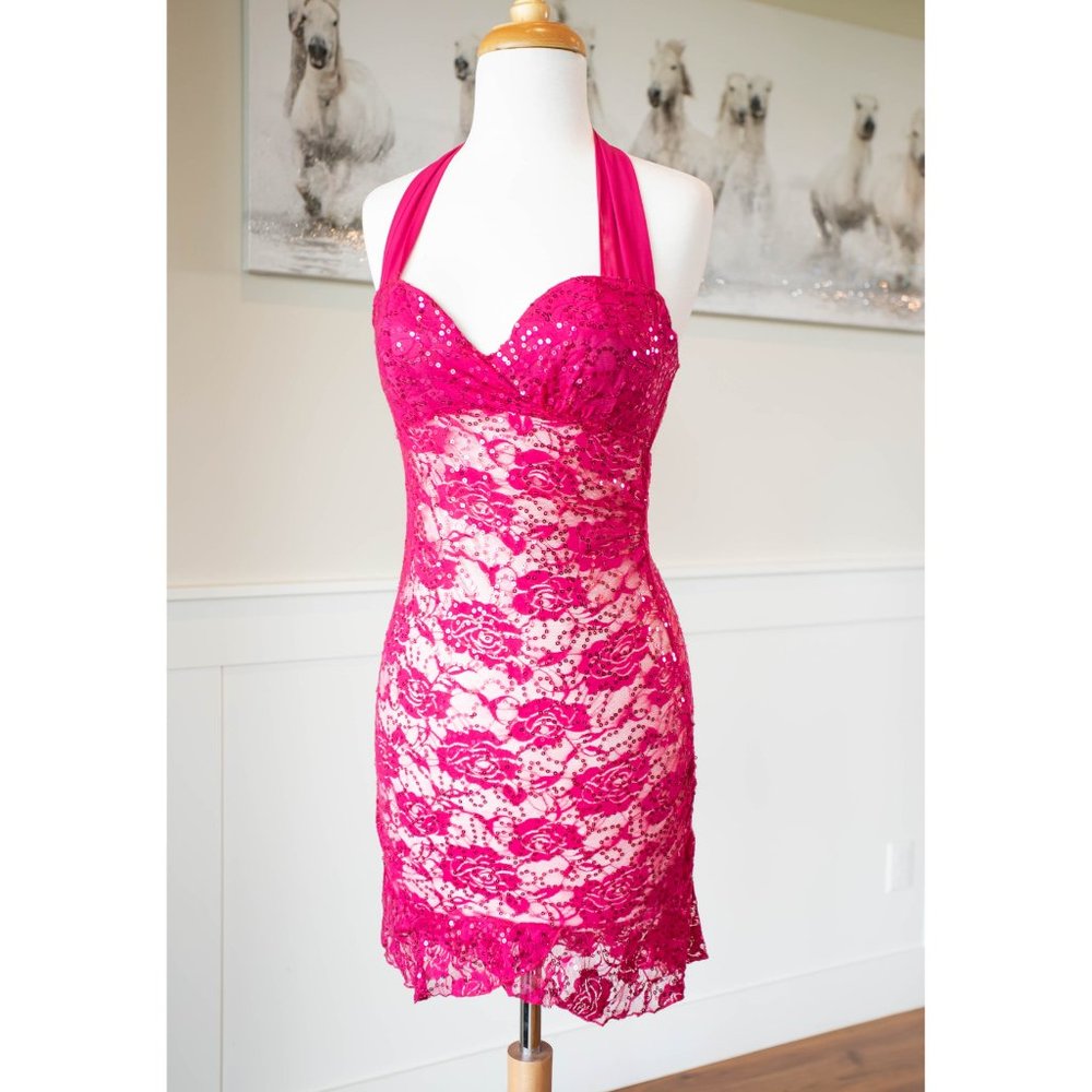 Shirley Hollywood Hot Pink Sequin Lace Mini Dress